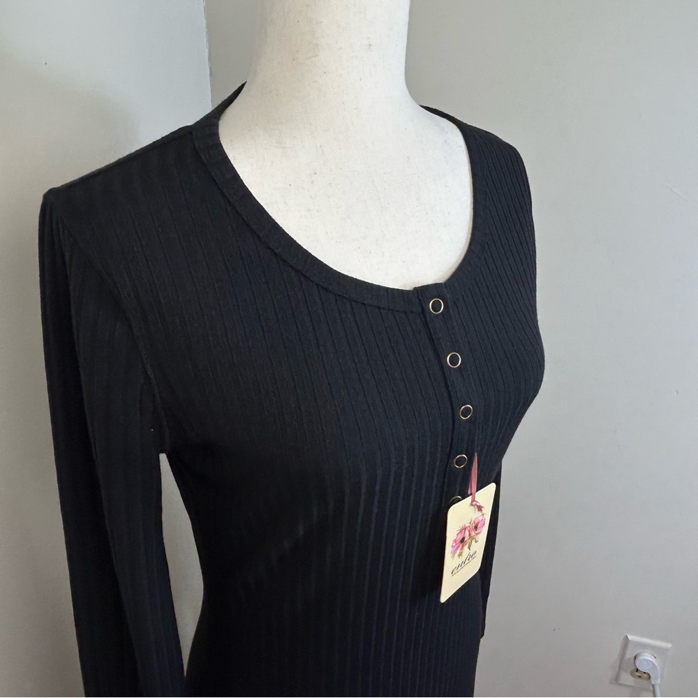 Entro Maxi Thermal Dress Womens Large Black Ribbed Henley Grunge Goth Long